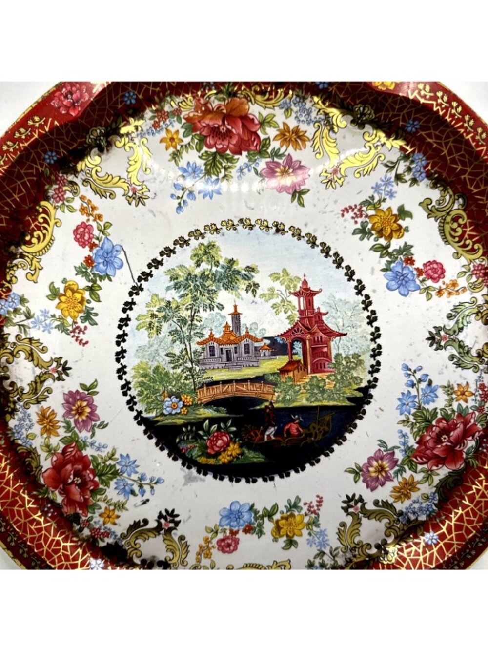 Vintage Chinoiserie Tole Metal Tray Asian Scene - Picture 10 of 10